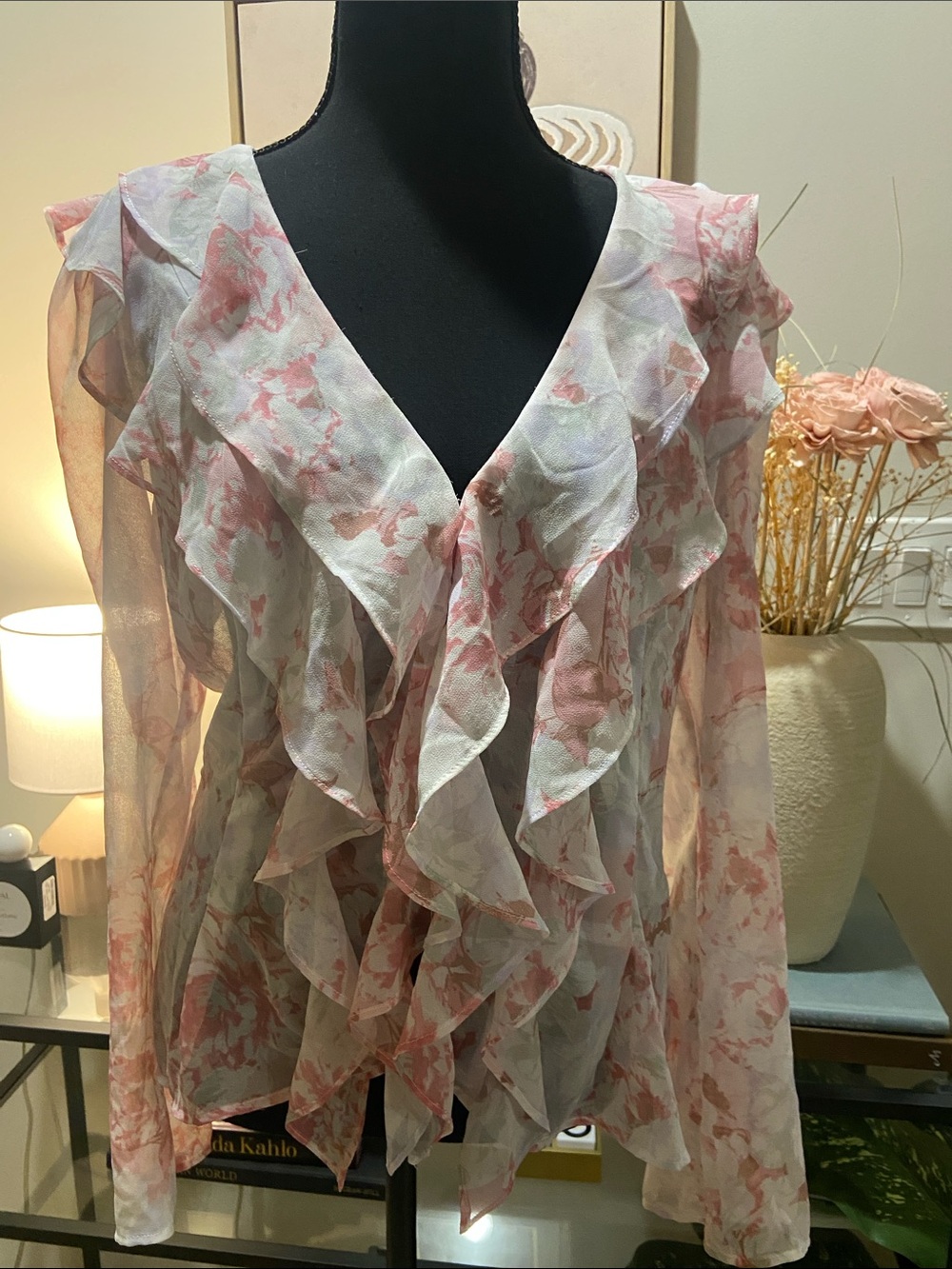 Wayf Pink and White Floral Ruffle V-Neck Blouse